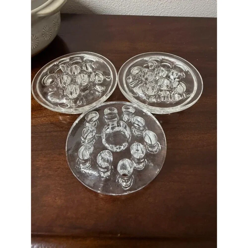 Set of 3 Vintage Clear Glass Flower Frogs Floral Arrangers